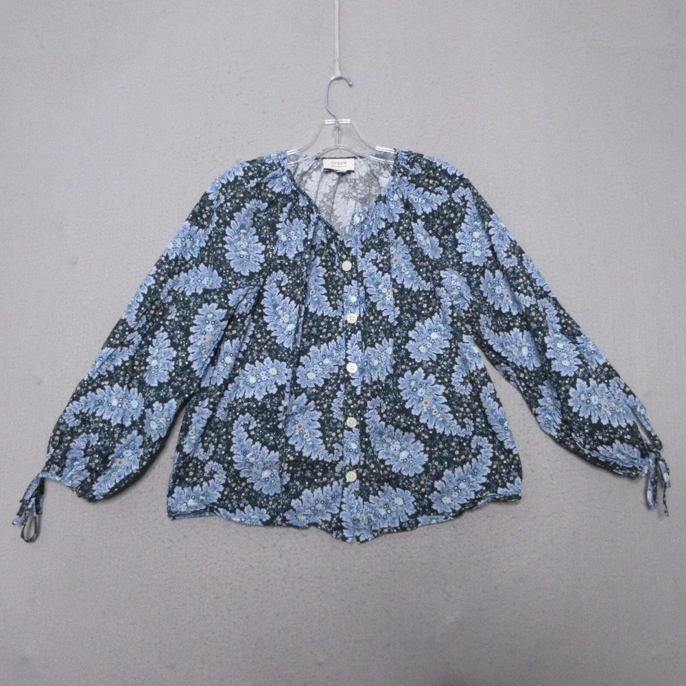 J Crew Collection Top Small Blue Ratti Pacific Paisley Button Up Tie Sleeve Boho